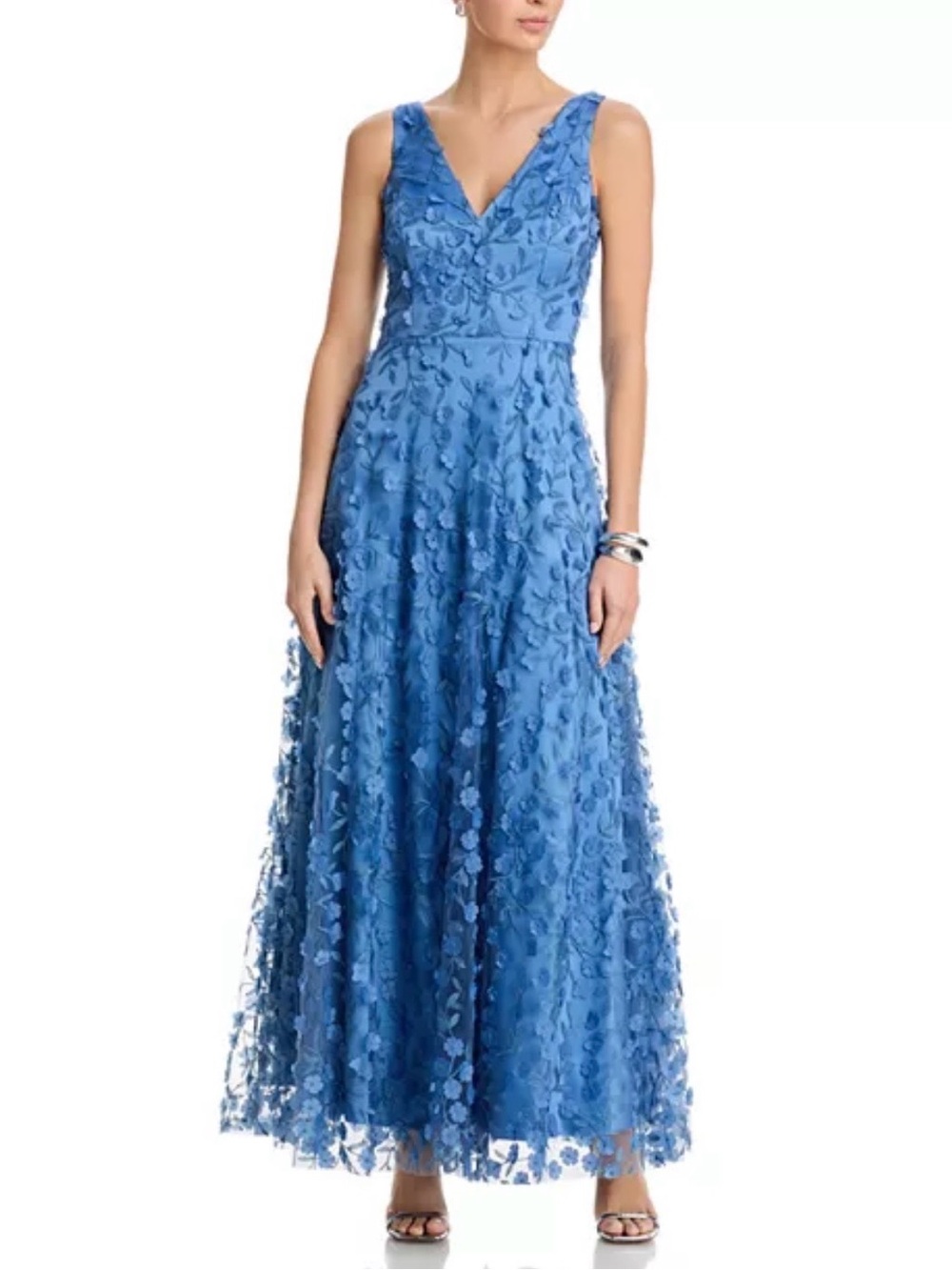 Sleeveless Blue Floral Applique Maxi Dress
